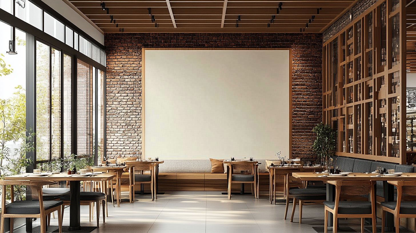 Old Canvas Cannoli Cream wallpaper as a cream feature panel on exposed brick in a wood-furnished restaurant interior