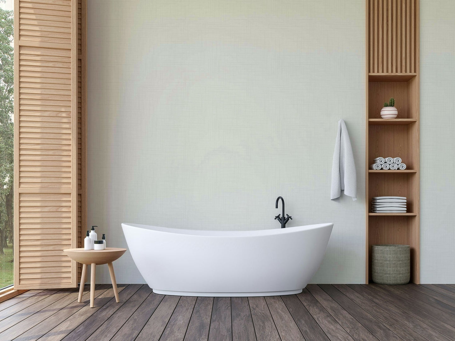 Old Canvas Cannoli Cream wallpaper in pale cream behind a white freestanding bathtub with wood slat shelving