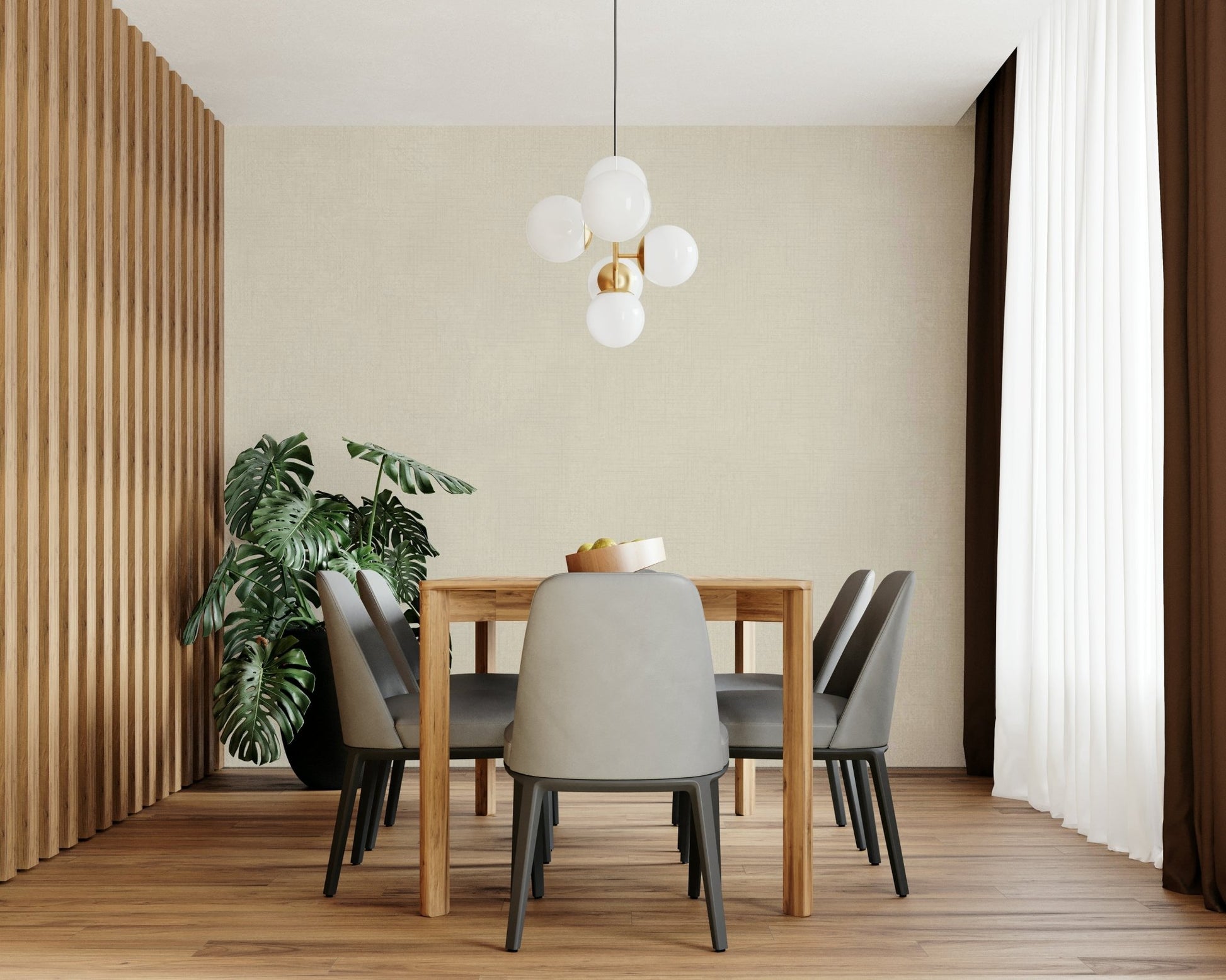 Old Canvas Cannoli Cream wallpaper in cream behind a wood dining table with grey chairs, monstera and globe chandelier