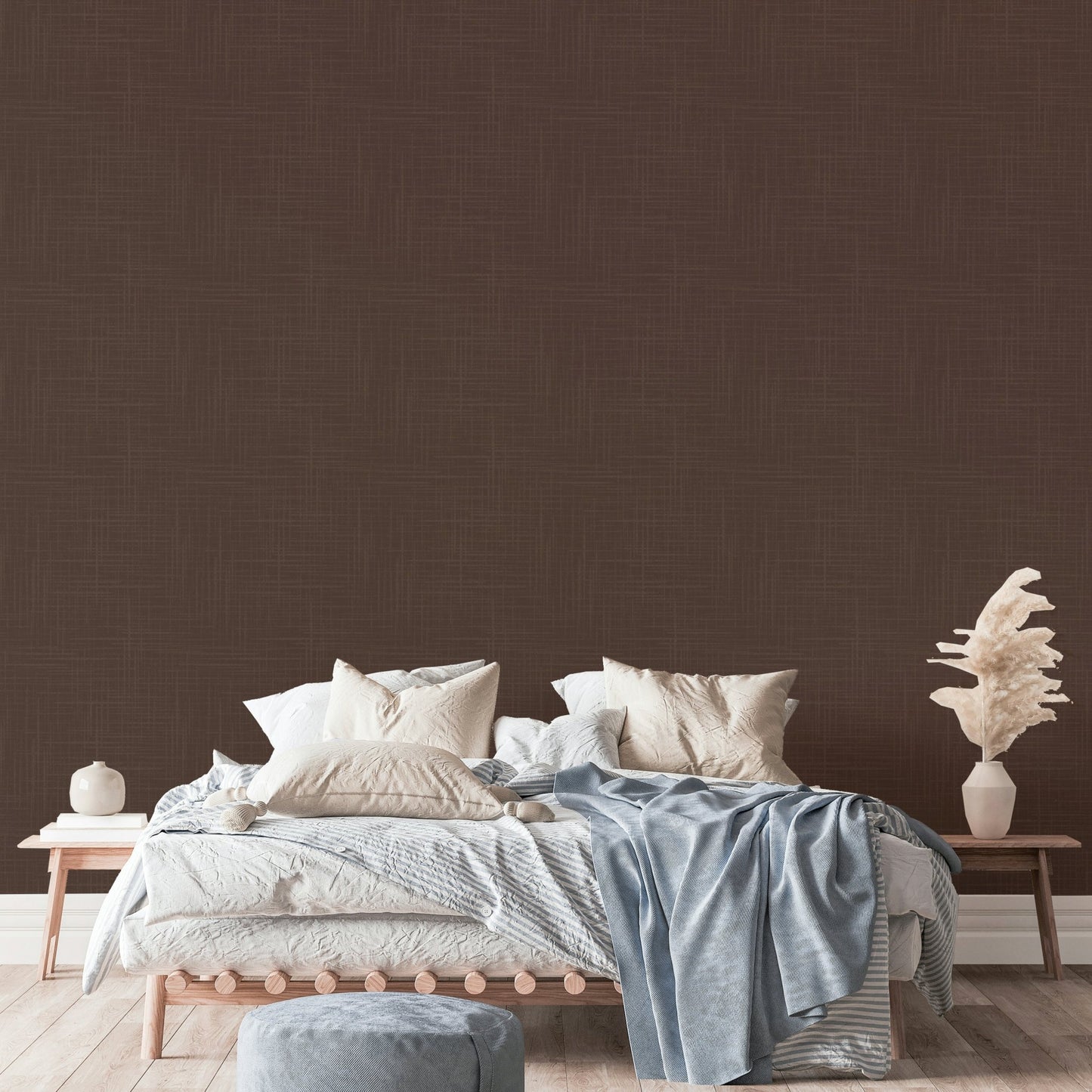 The wallpaper is installed in a modern, elegant living room.

