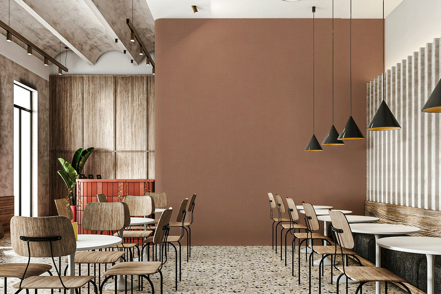 The wallpaper is installed in a modern, elegant living room.

