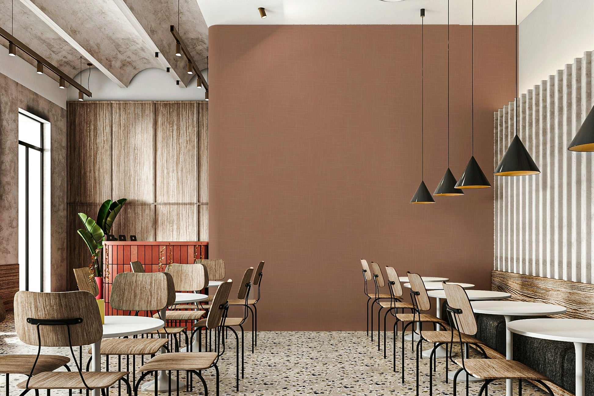 The wallpaper is installed in a modern, elegant living room.

