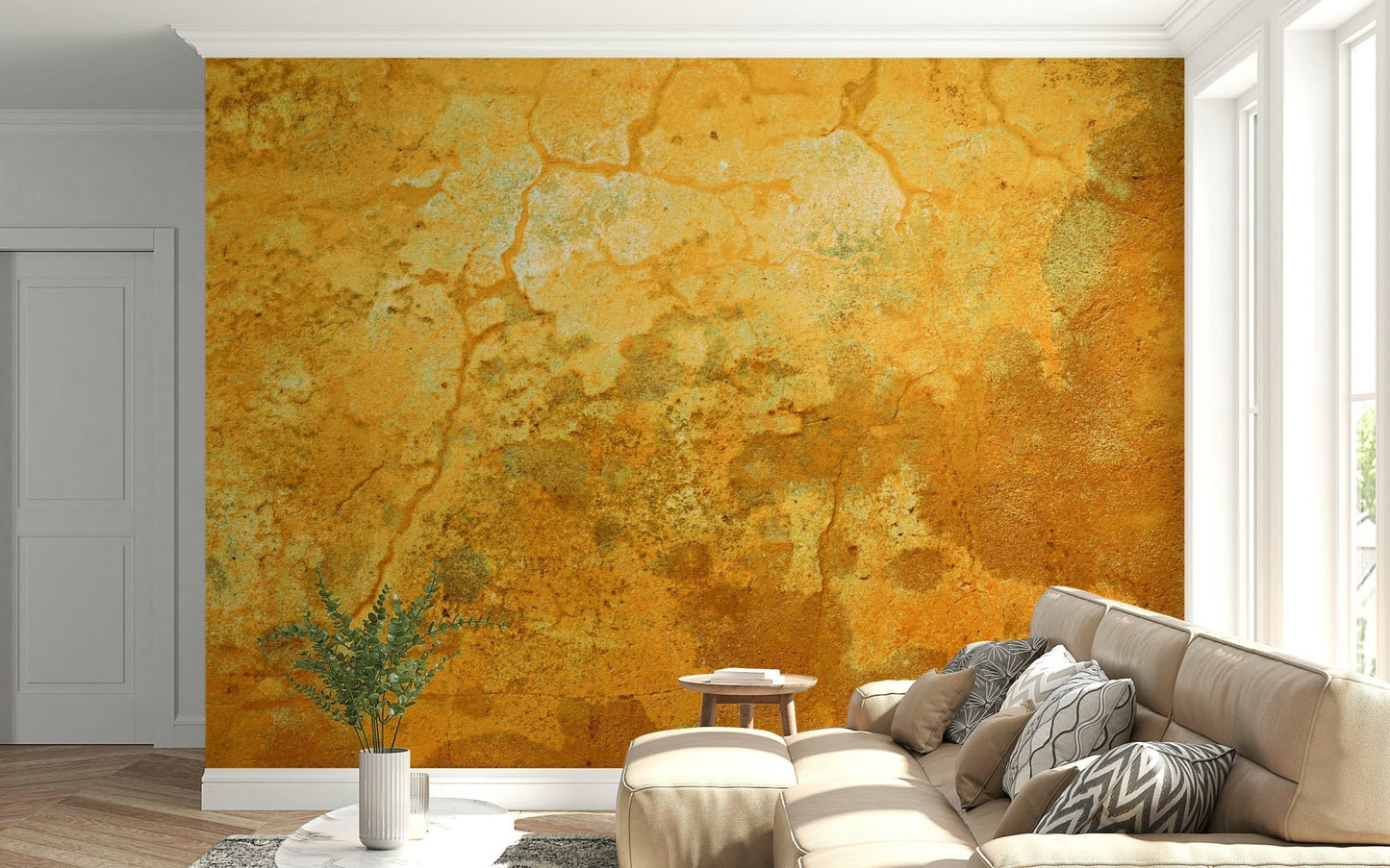 Timeworn cracked wall mural in faded yellow tones
