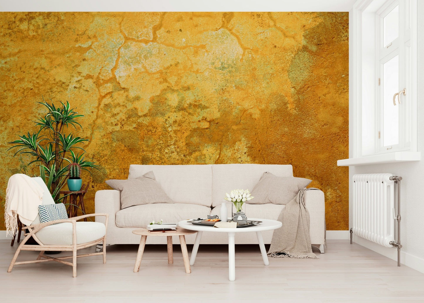 Weathered old cracked wall mural in warm ochre tones