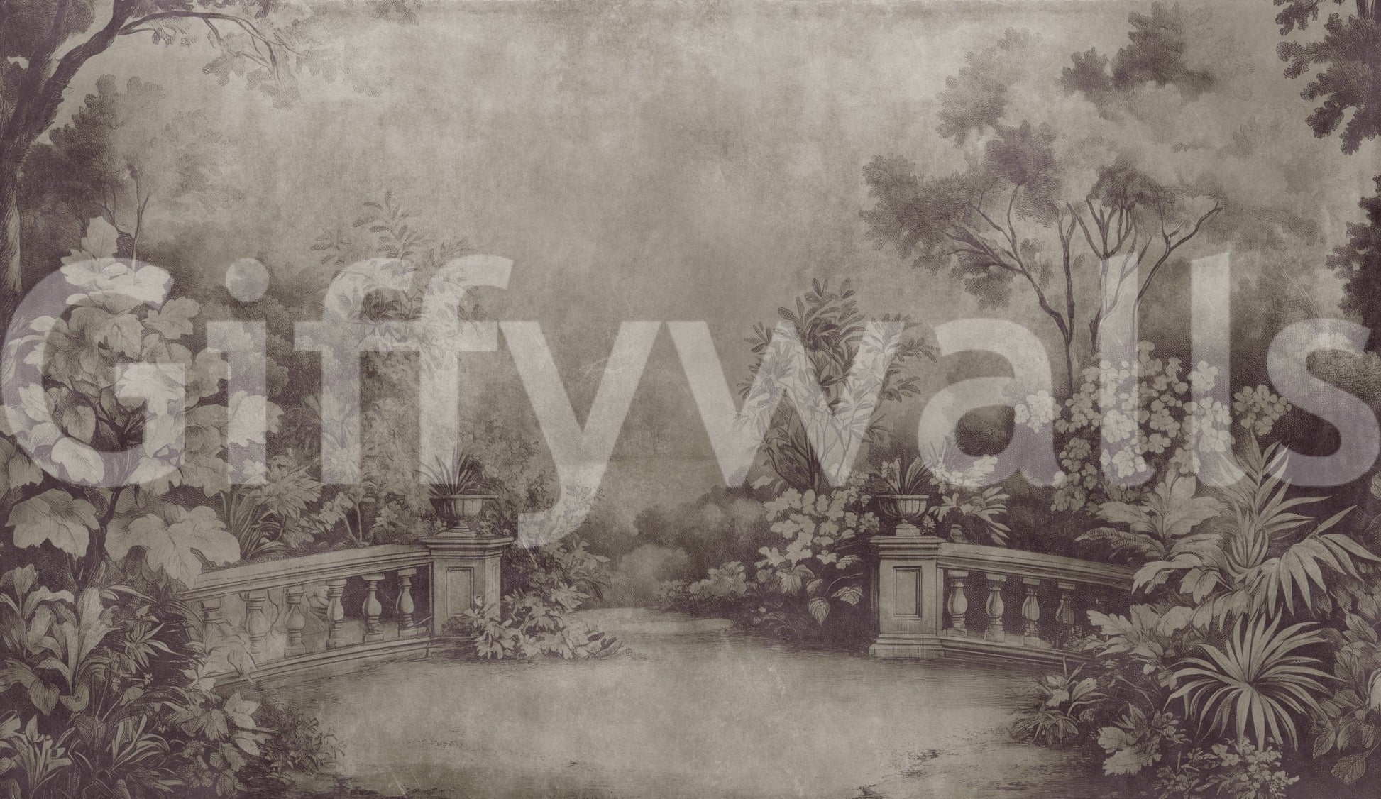 Aubergine Fresco wallpaper, distressed moody scenic Old English landscape.
