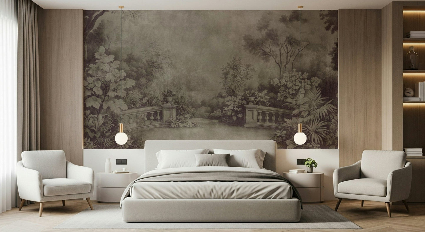 Vintage Aubergine wallpaper showing a secluded English Garden fresco vista.