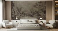 Vintage Aubergine wallpaper showing a secluded English Garden fresco vista.