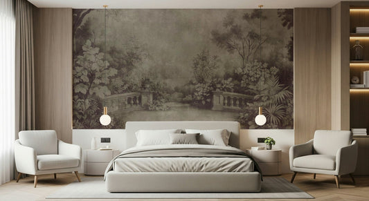 Vintage Aubergine wallpaper showing a secluded English Garden fresco vista.
