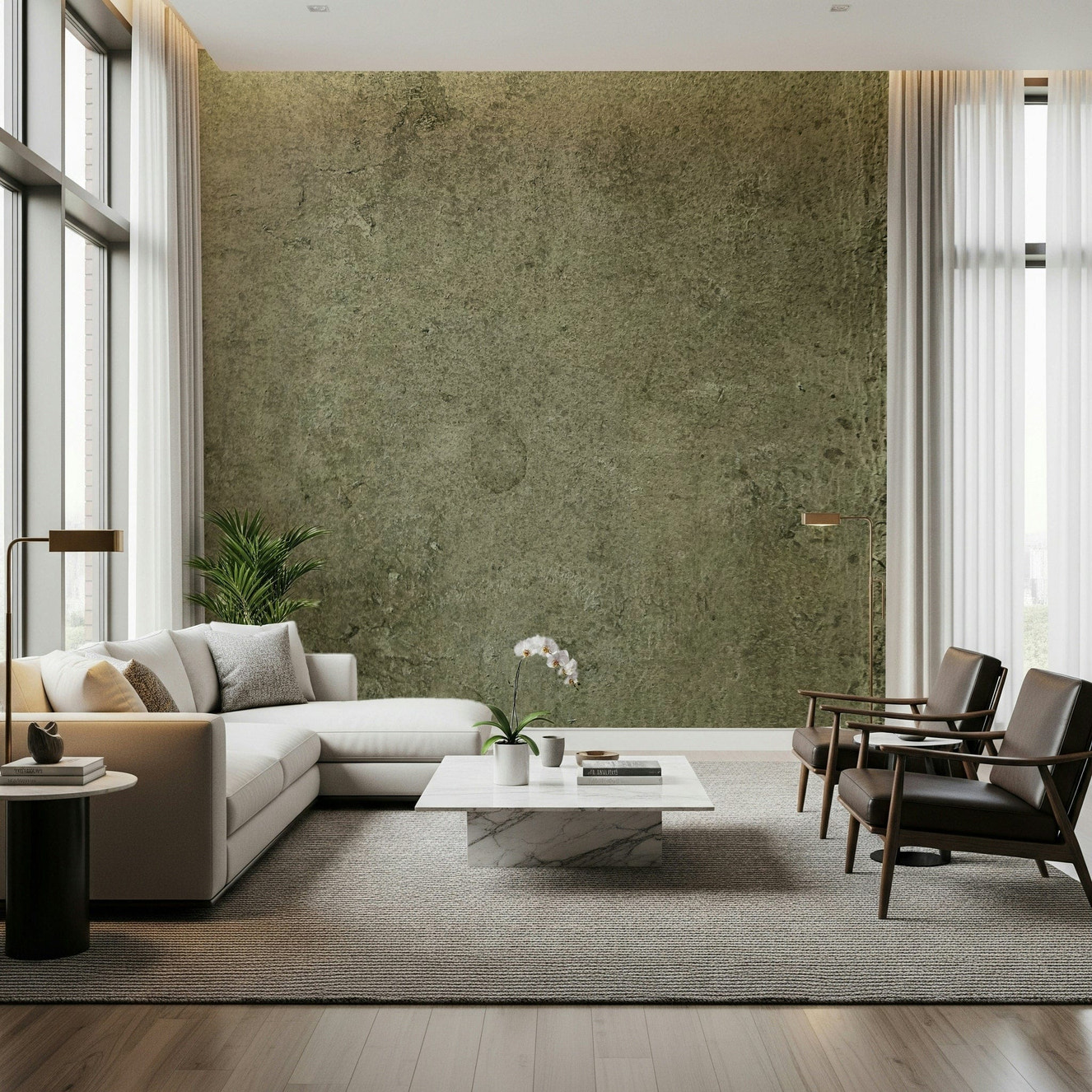 Aged Leather – Olive Wall Mural – Deep olive-green leather texture mural with subtle aged detailing for a sophisticated look.