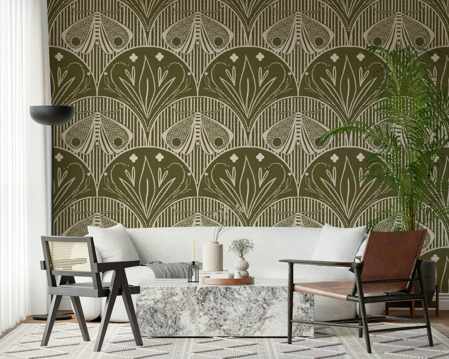 Boho Art Nouveau Scallop Butterfly Floral in Olive Drab Wallpaper⁠