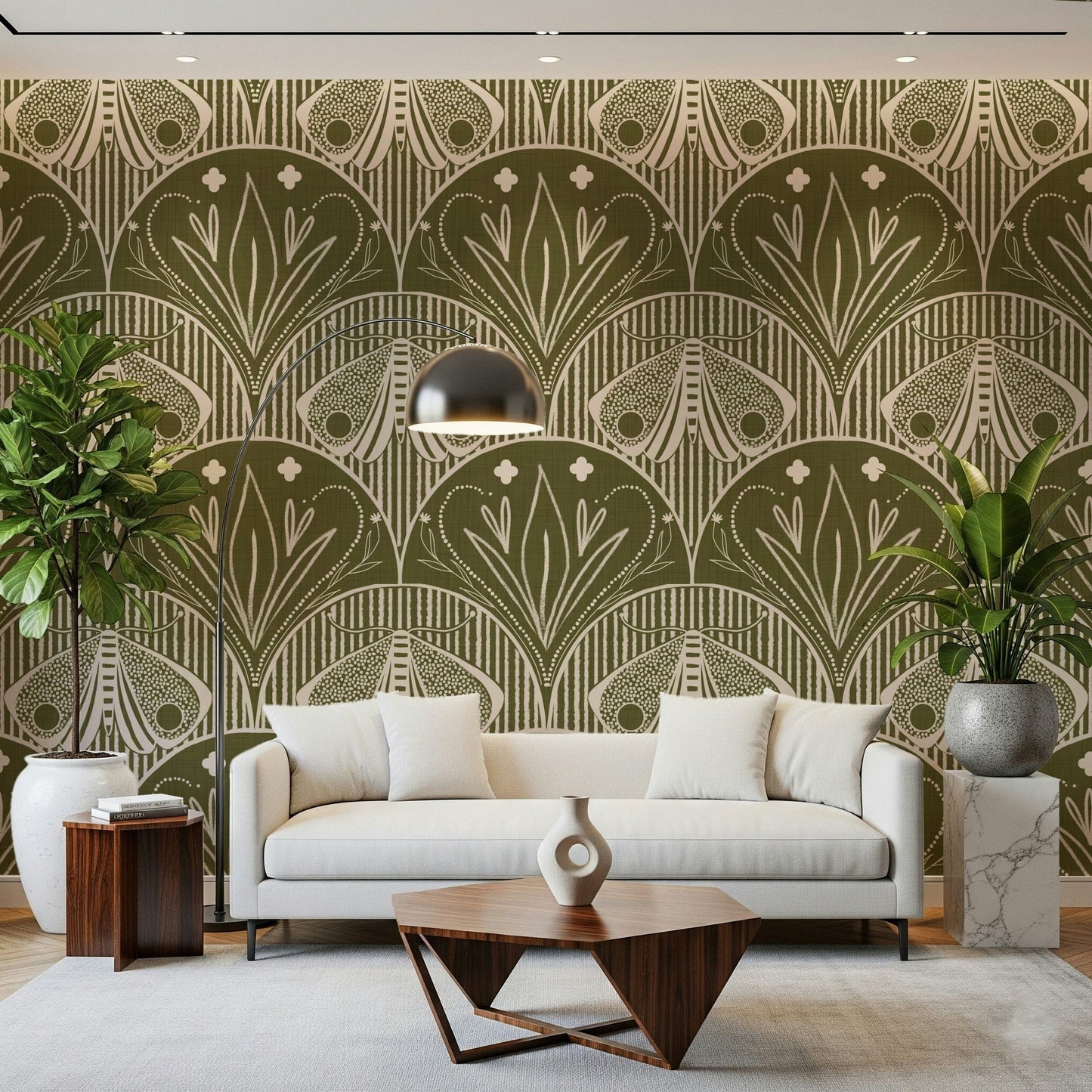 Boho Art Nouveau Scallop Butterfly Floral in Olive Drab Wallpaper⁠
