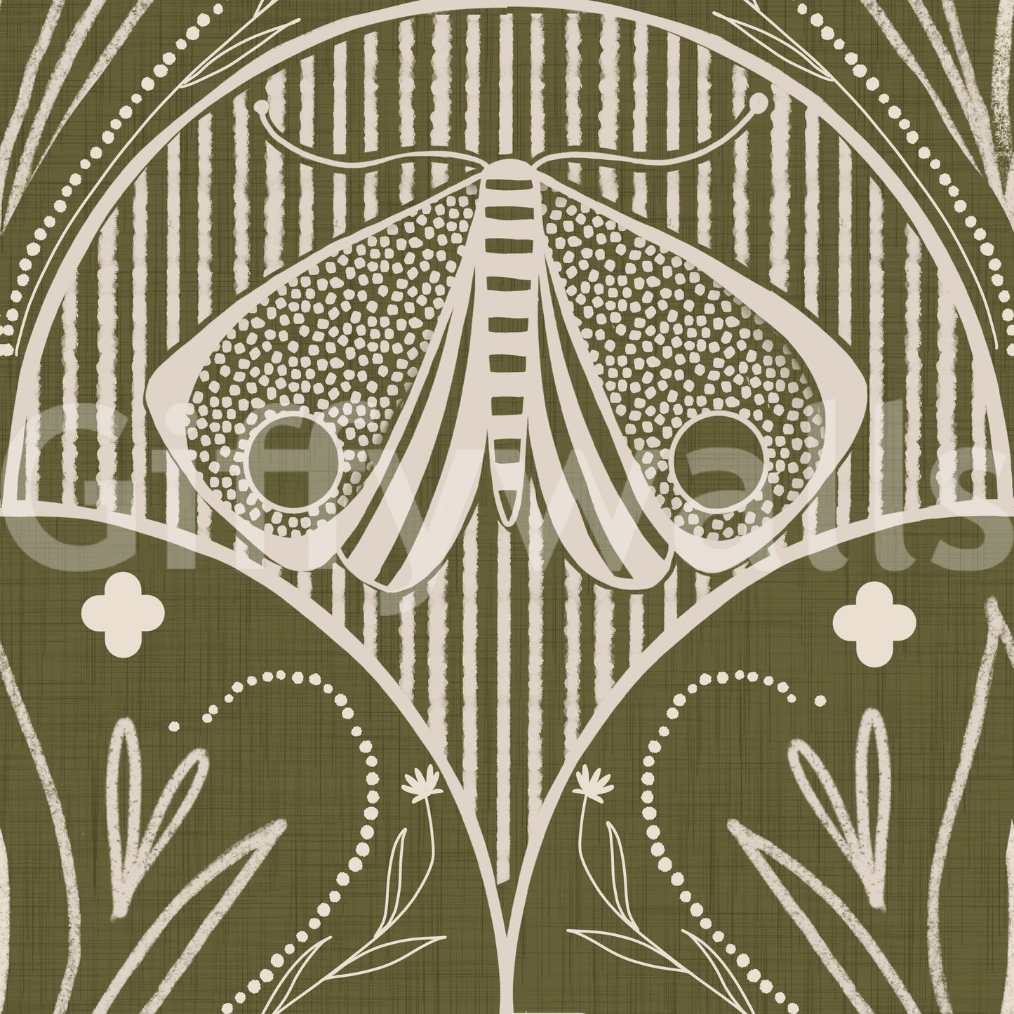 Boho Art Nouveau Scallop Butterfly Floral in Olive Drab Wallpaper⁠