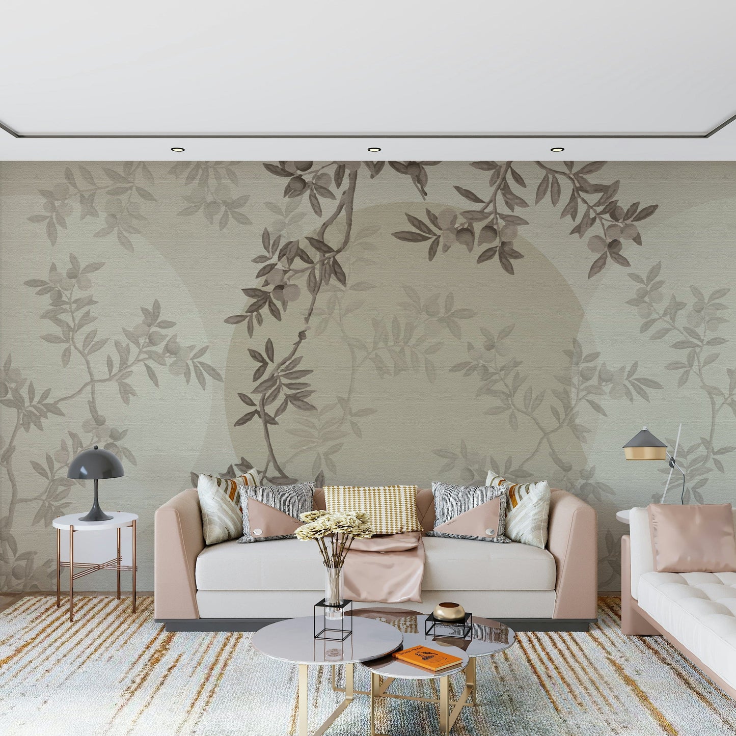 Botanical olive mural in bedroom, soft color and clean style