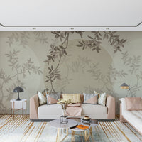 Botanical olive mural in bedroom, soft color and clean style