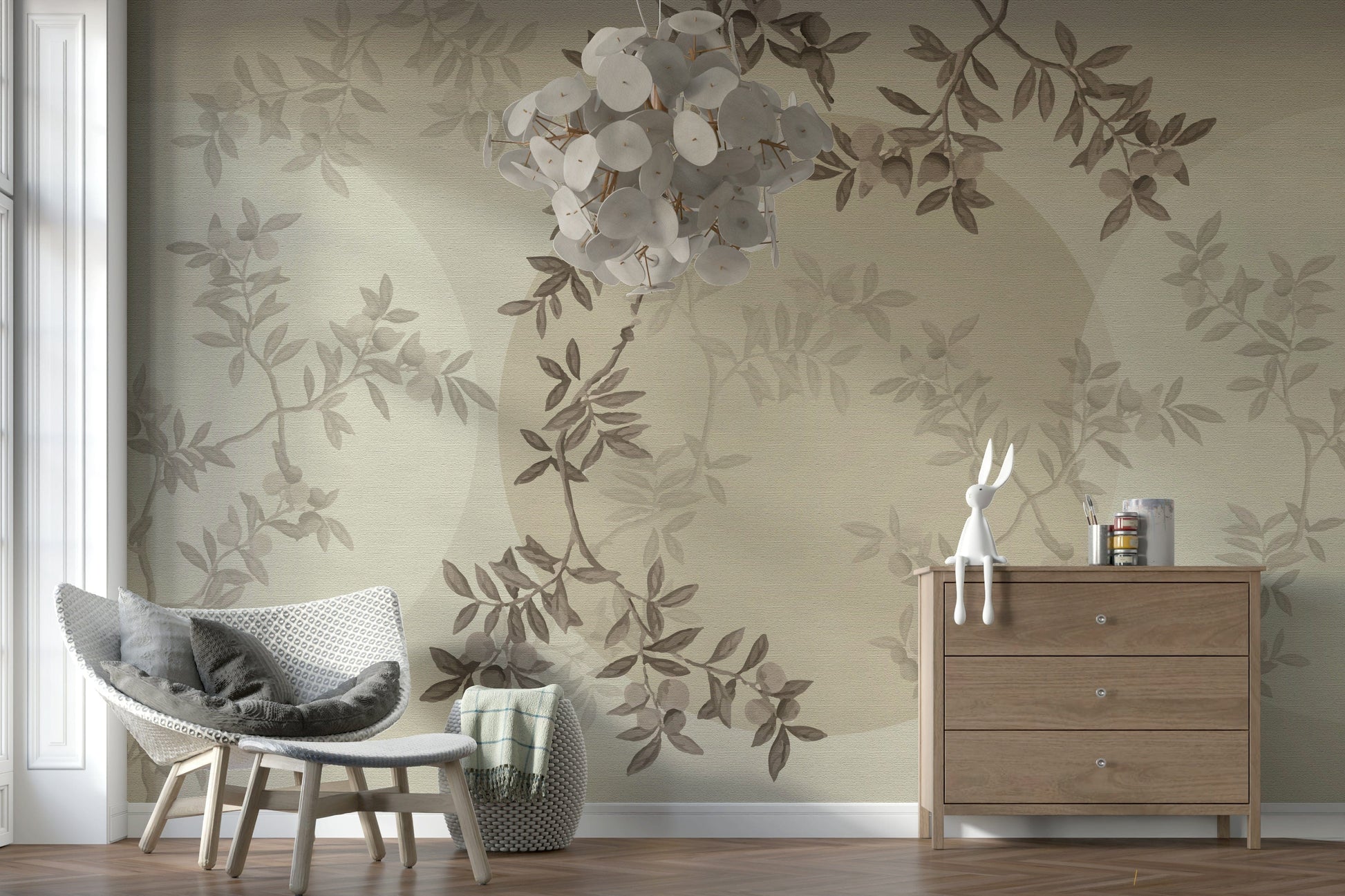 Olive botanical mural in hallway, modern wall decor in color