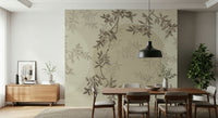 Minimal olive leaf mural in reading nook, calm color palette