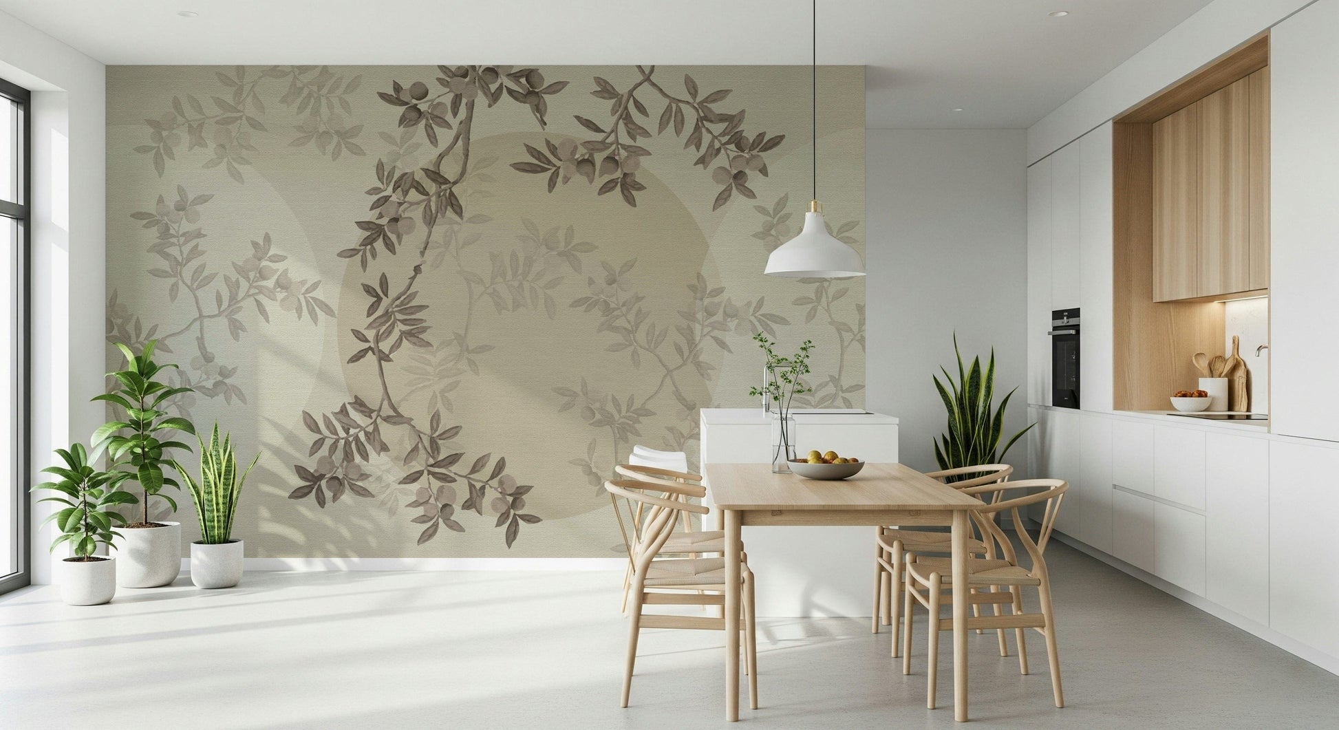 Olive branch mural in apartment lounge, modern feature wall