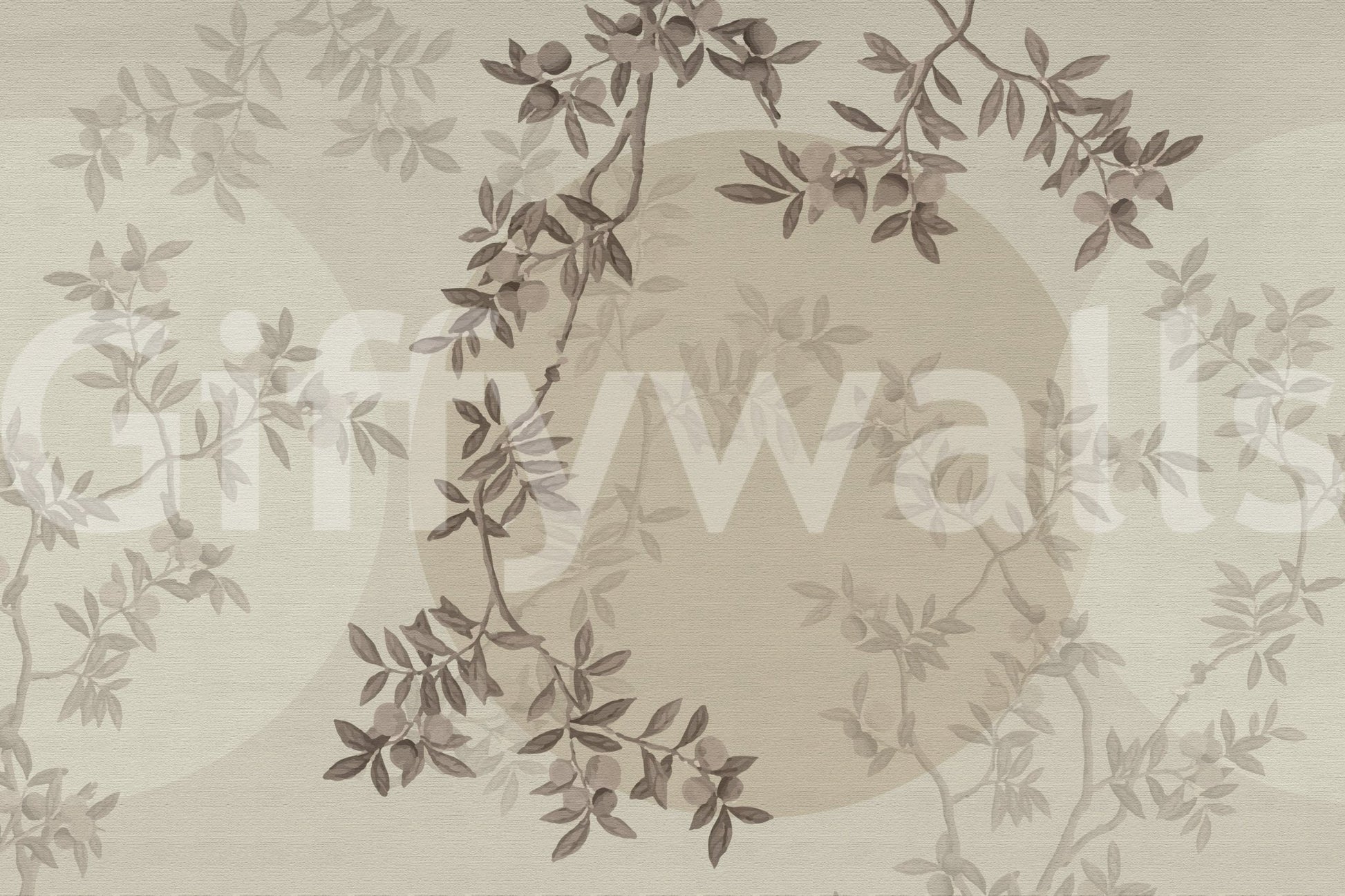 Neutral lounge with olive mural, soft green color accents