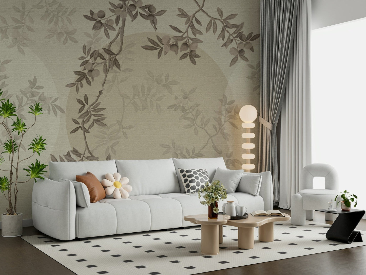 Olive branch feature wall in dining room, muted color palette