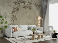 Olive branch feature wall in dining room, muted color palette