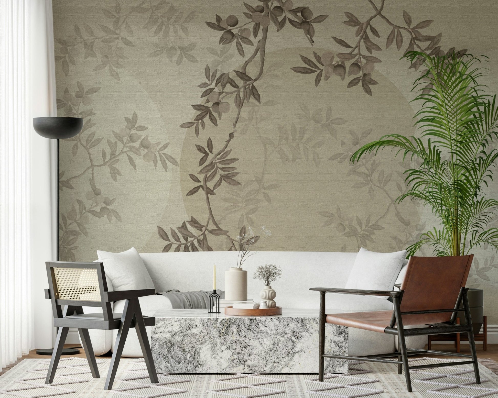 Olive leaf wall mural in entryway, calm modern wall decor