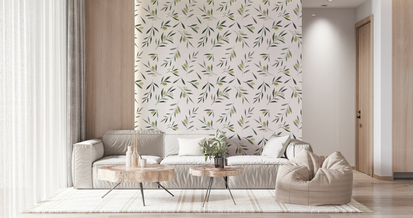 Watercolor botanical wallpaper with olive branches, leaves, and ripe fruits for natural, serene decor.
