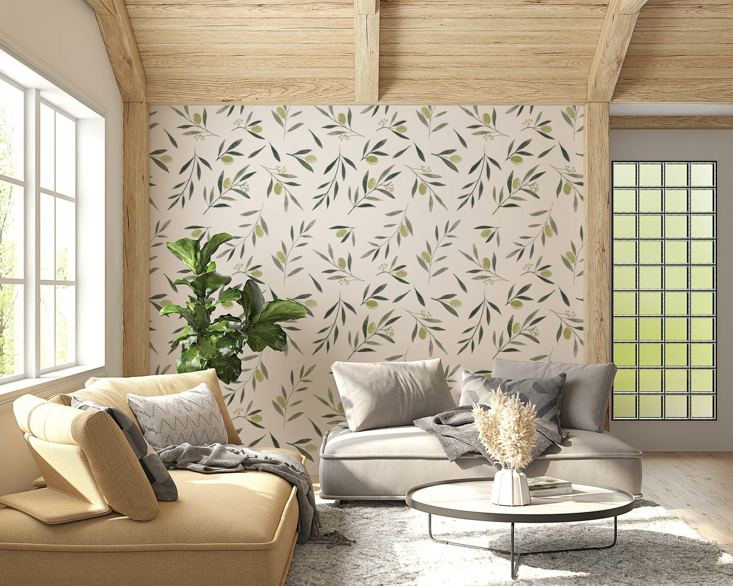 Olive Garden Leaves and Fruit Wallpaper — hand-painted watercolor design with natural greenery.