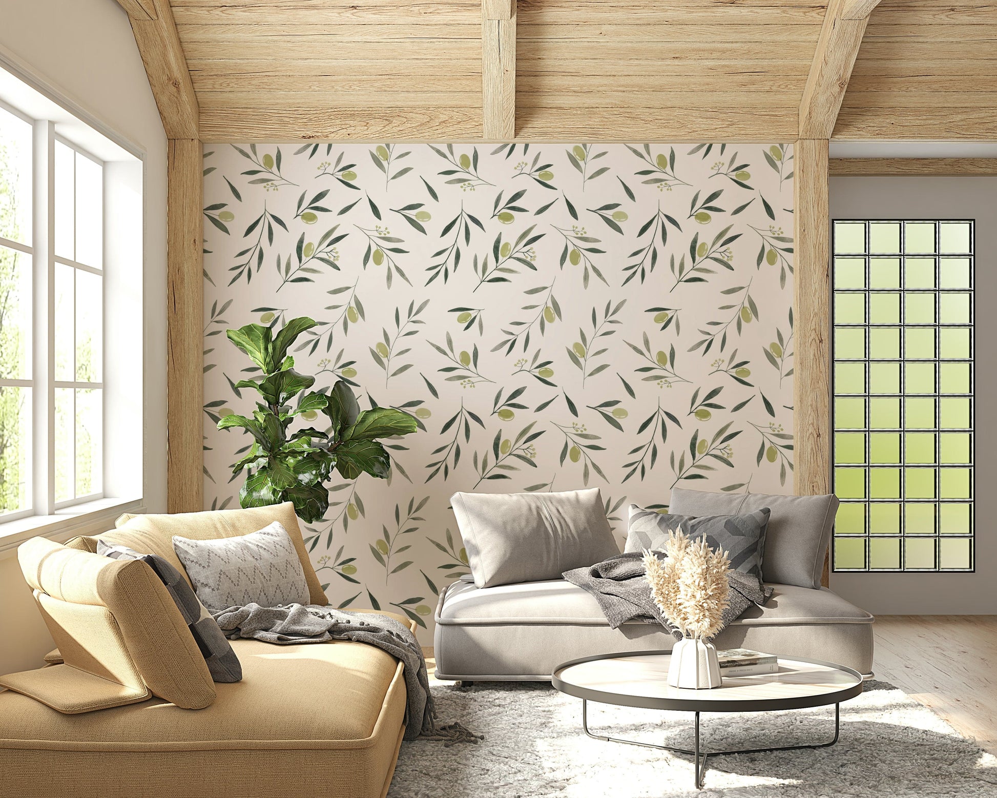 Olive Garden Leaves and Fruit Wallpaper — hand-painted watercolor design with natural greenery.