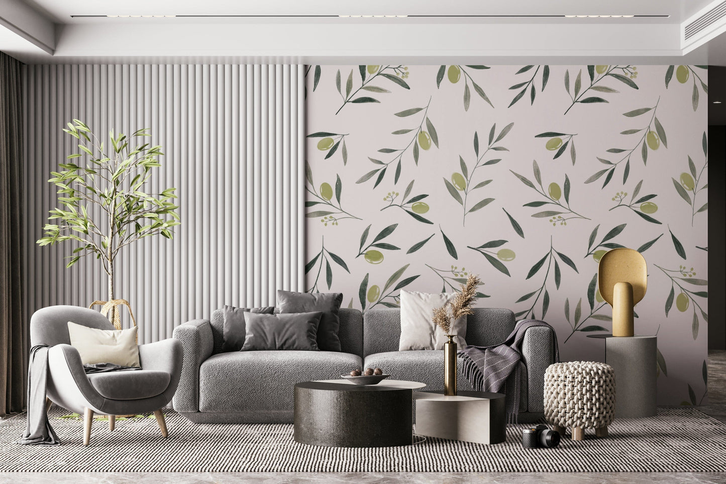 Watercolor Olive Garden Leaves and Fruit Wallpaper featuring hand-painted olive branches and ripe olives.