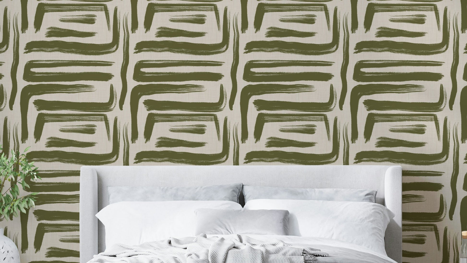 Olive brushstrokes wallpaper with abstract retro design

