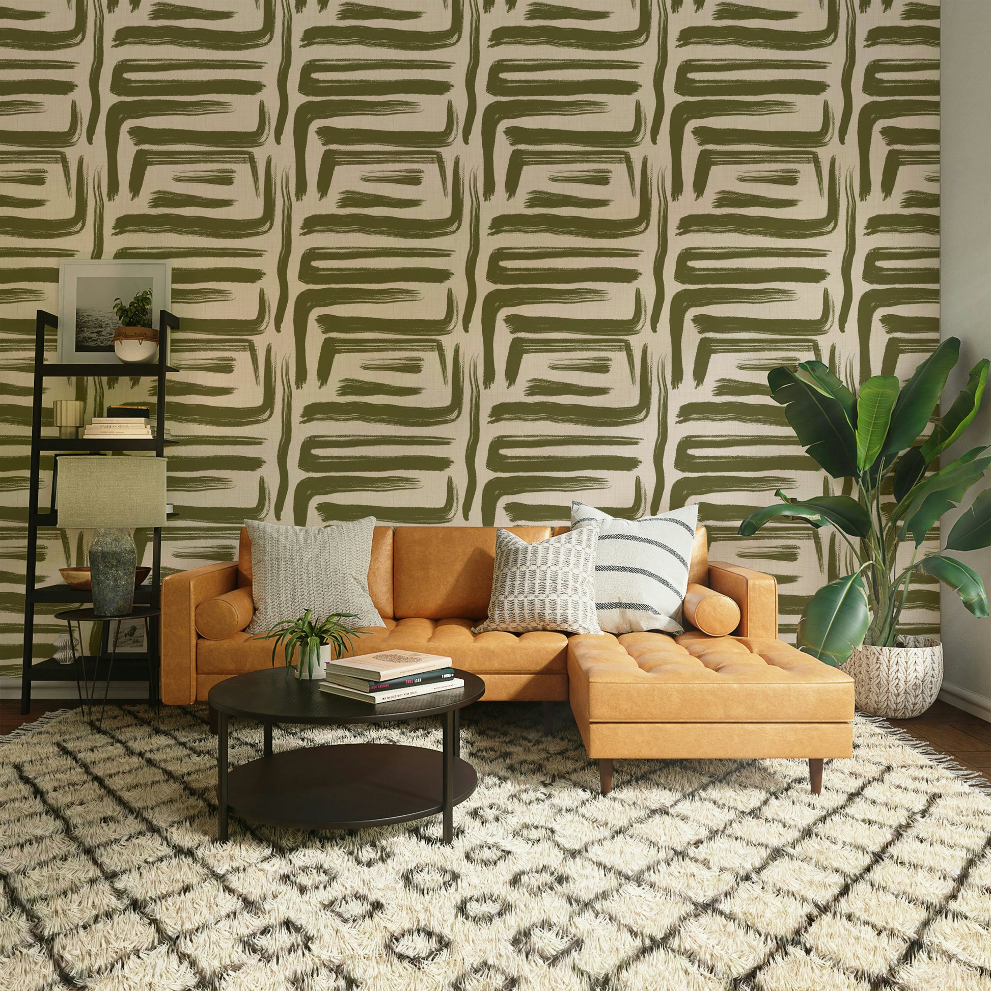 Mid-century olive wallpaper with organic stroke texture

