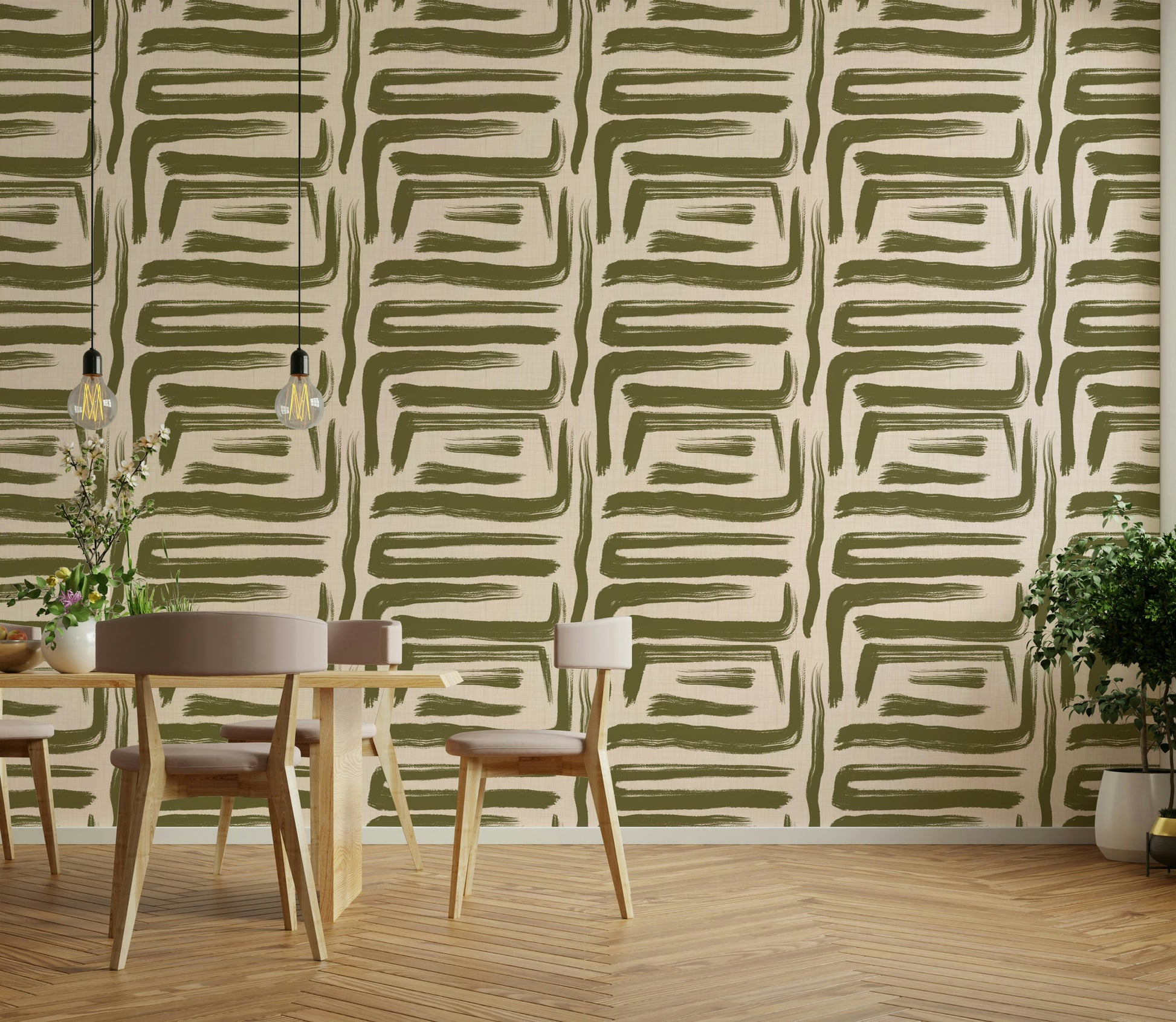 Mid-century modern wallpaper in olive green tones

