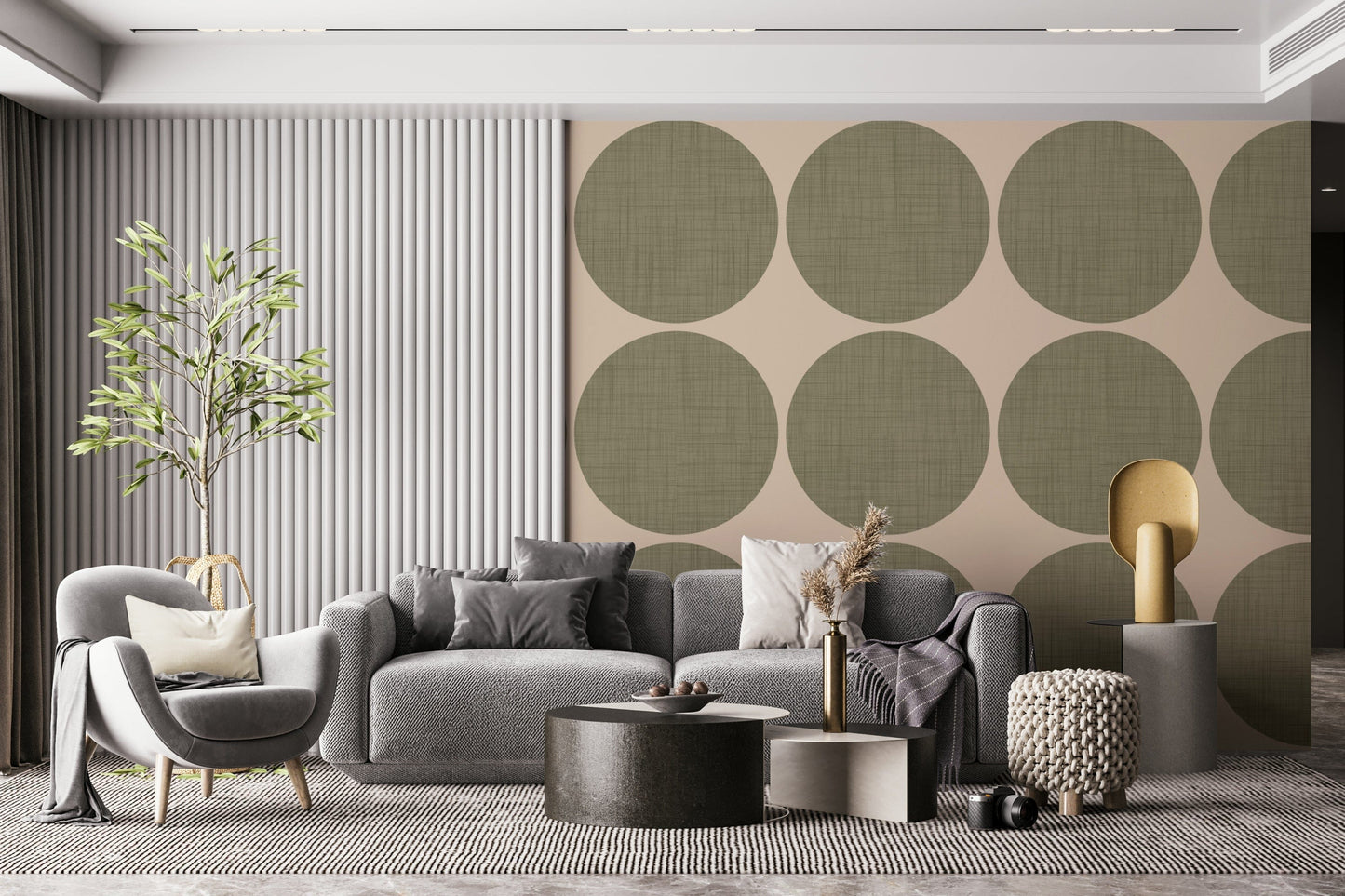 Repeating pattern of textured olive-green round shapes on a light neutral backdrop