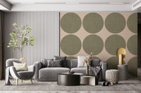 Repeating pattern of textured olive-green round shapes on a light neutral backdrop