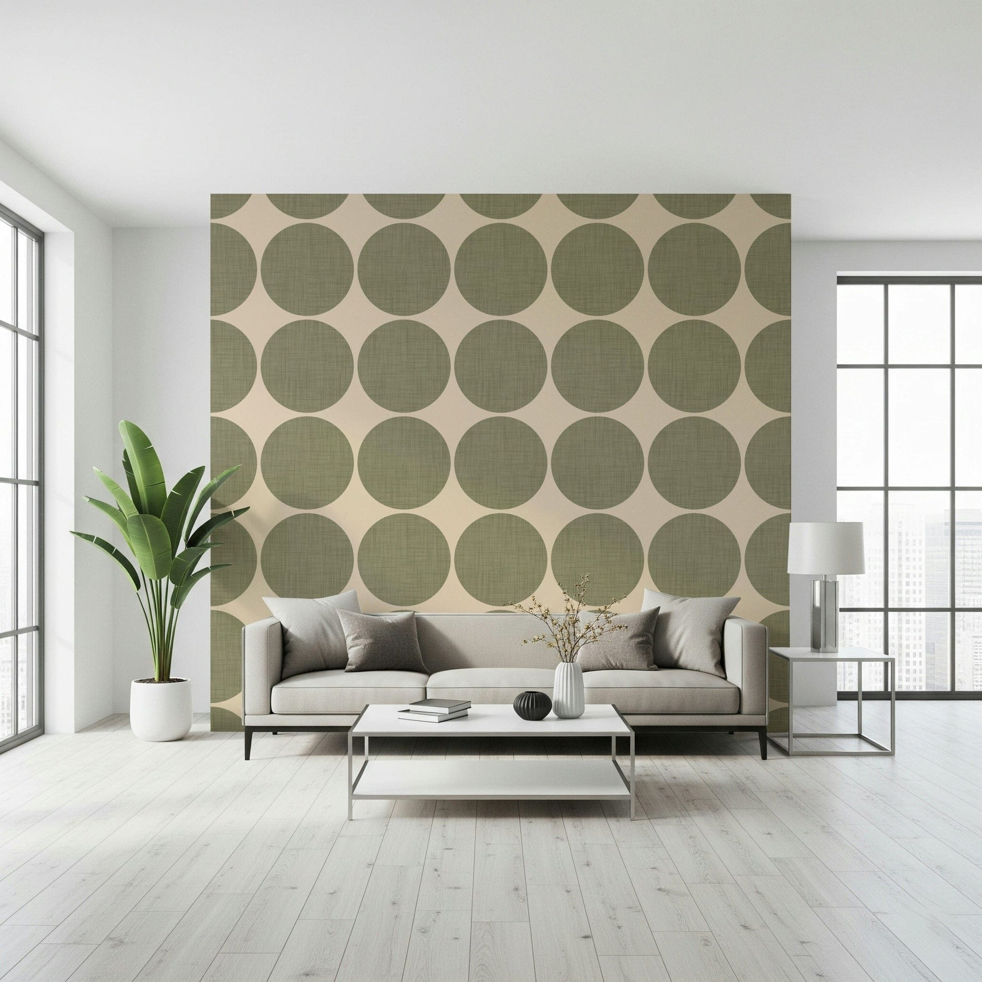 Olive circles wallpaper featuring large olive-green dots on a soft beige background