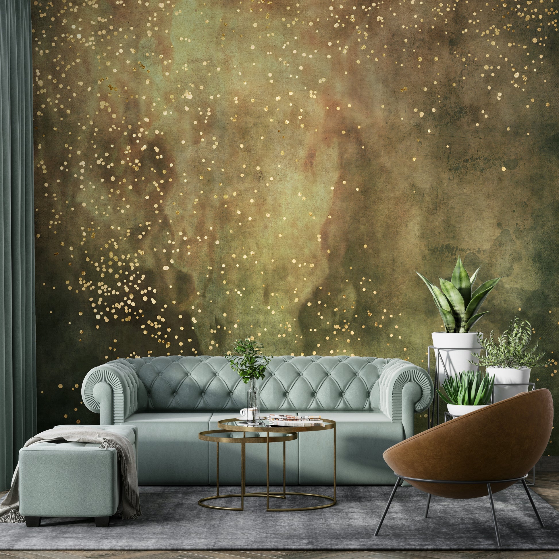 Cosmic-inspired Olive Galaxy Wall Mural for a unique space.

