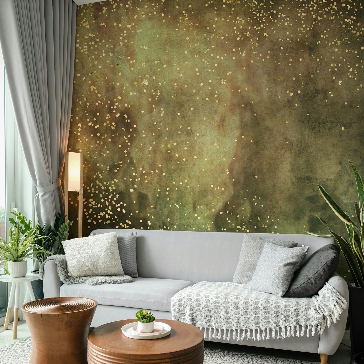 Celestial Olive Galaxy mural wallpaper for peaceful interiors.

