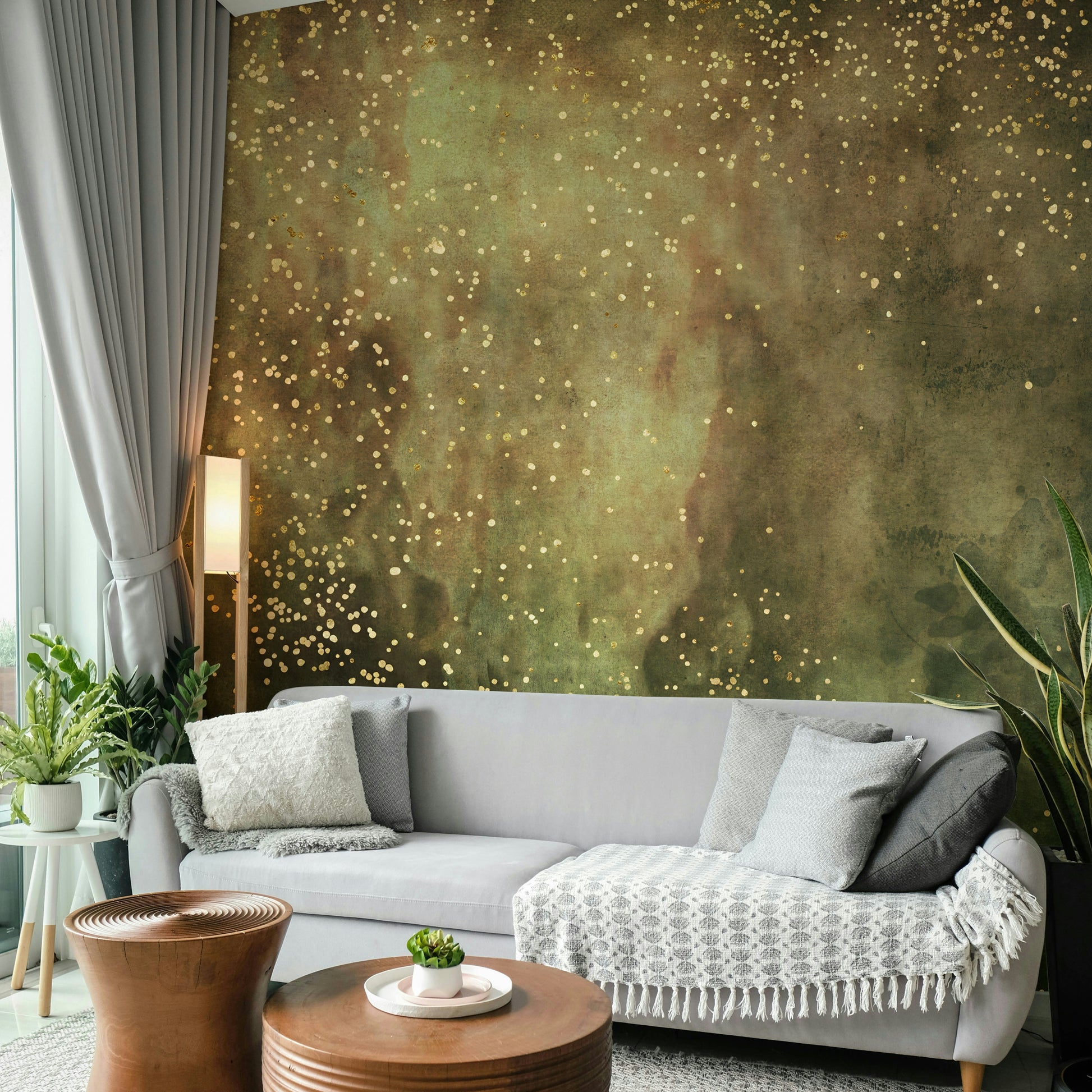 Celestial Olive Galaxy mural wallpaper for peaceful interiors.

