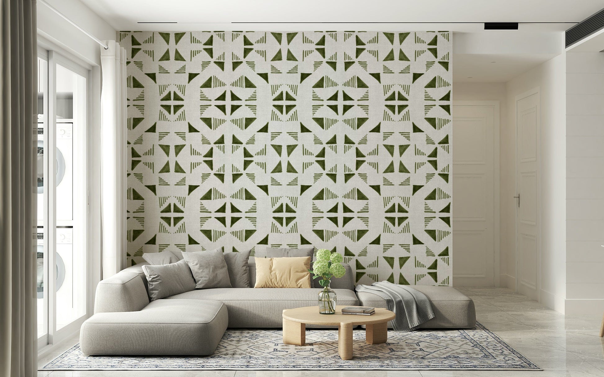 Triangles wallpaper in light olive tones creating a calm and contemporary accent wall.