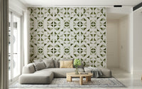Triangles wallpaper in light olive tones creating a calm and contemporary accent wall.