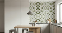 Light Olive geometric wallpaper featuring layered triangle shapes for a natural, modern vibe.