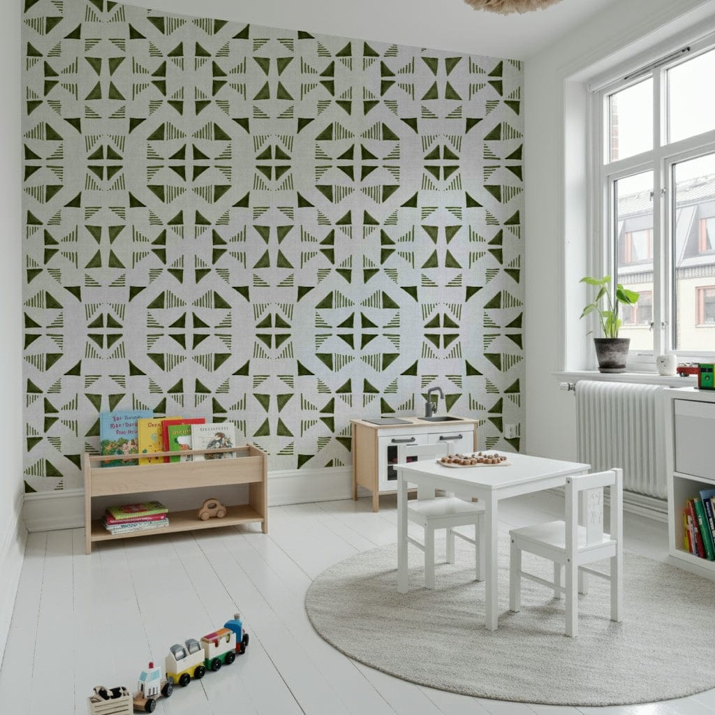 Triangles design wallpaper with light green and earthy tones for stylish home interiors.