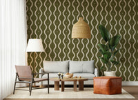Wallpaper mural, rhythmic flowing lines, calming color palette, home.