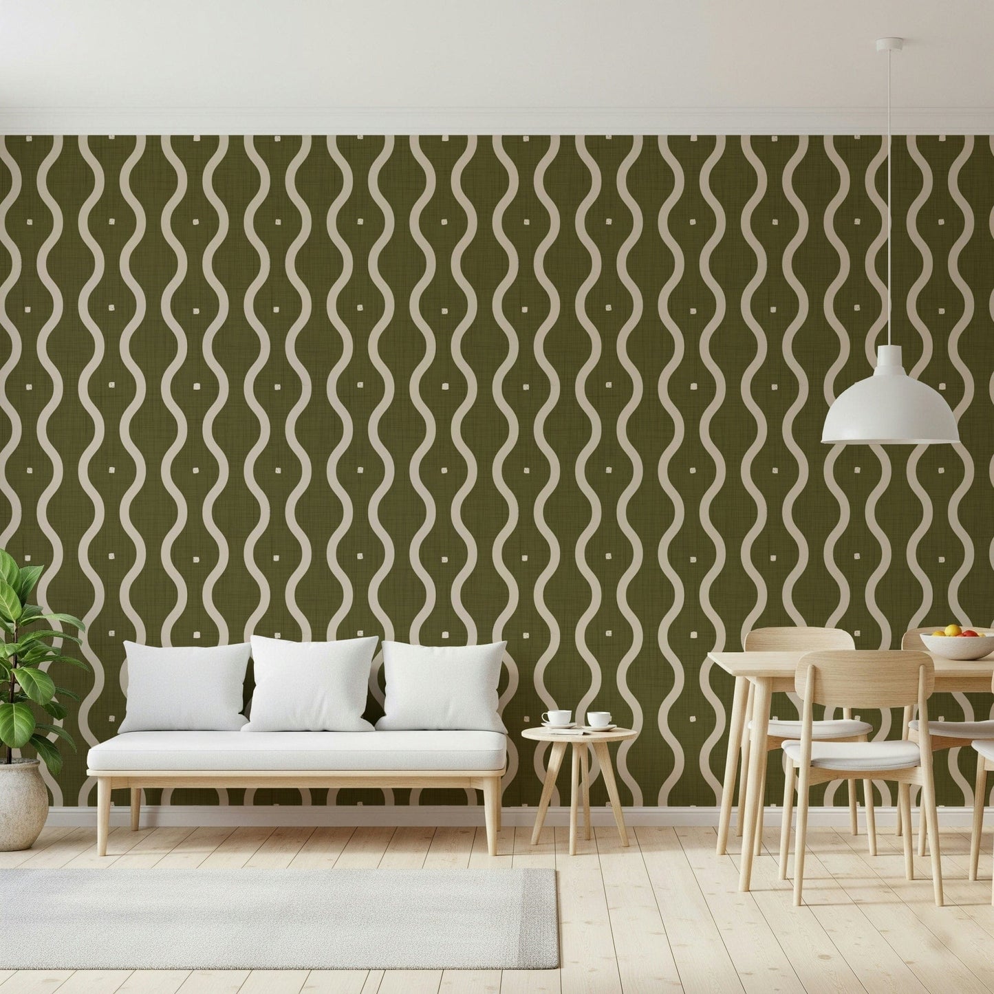 Textured wall treatment, vertical wave motif, restful olive atmosphere.