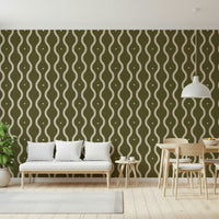 Textured wall treatment, vertical wave motif, restful olive atmosphere.