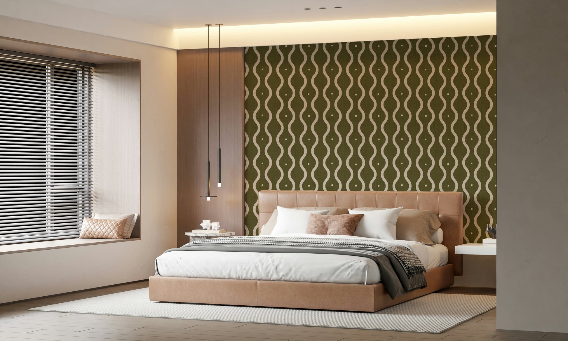 Grove Waves pattern, cream curves on deep moss, elegant interior accent.