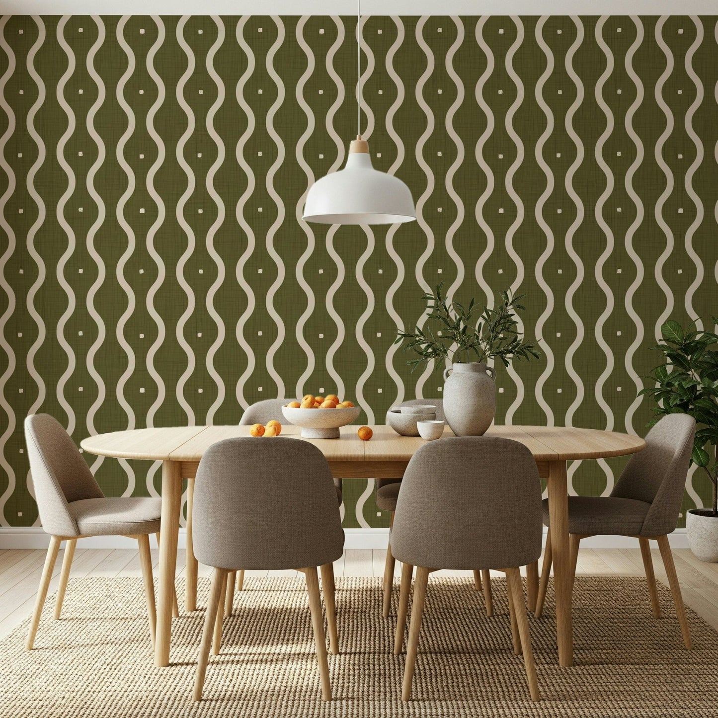 Serpentine lines wallcovering, earthy tones, modern decor, unique design.