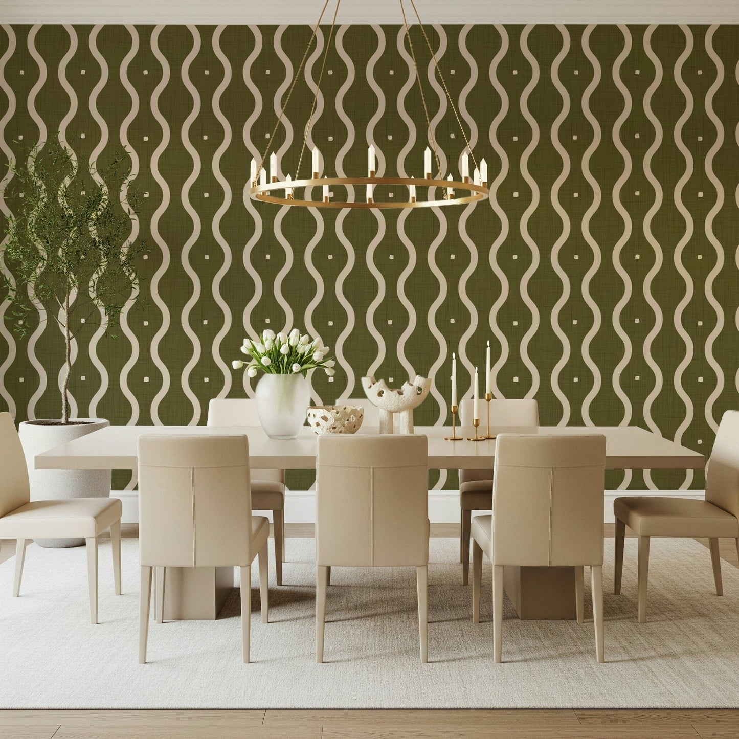 Olive Grove Waves wallpaper for walls, flowing design, serene green.