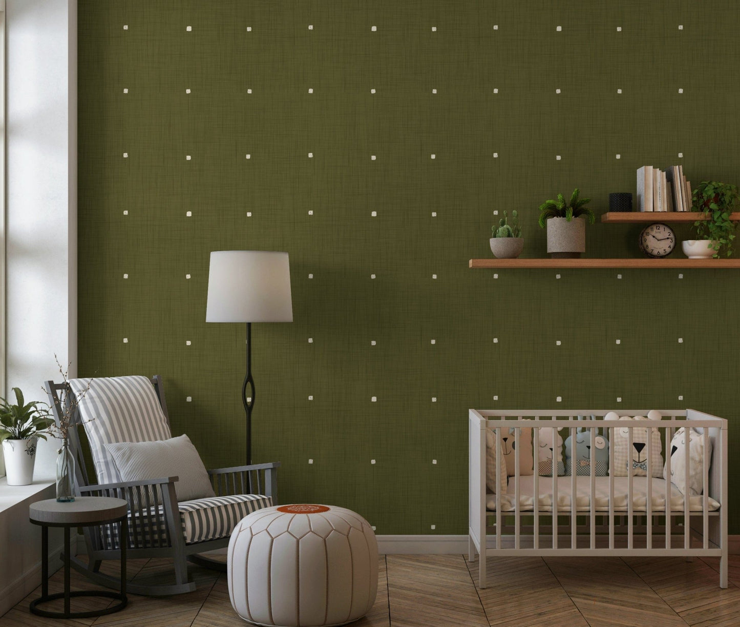 Deep sage textured wall covering, minimalist square motif