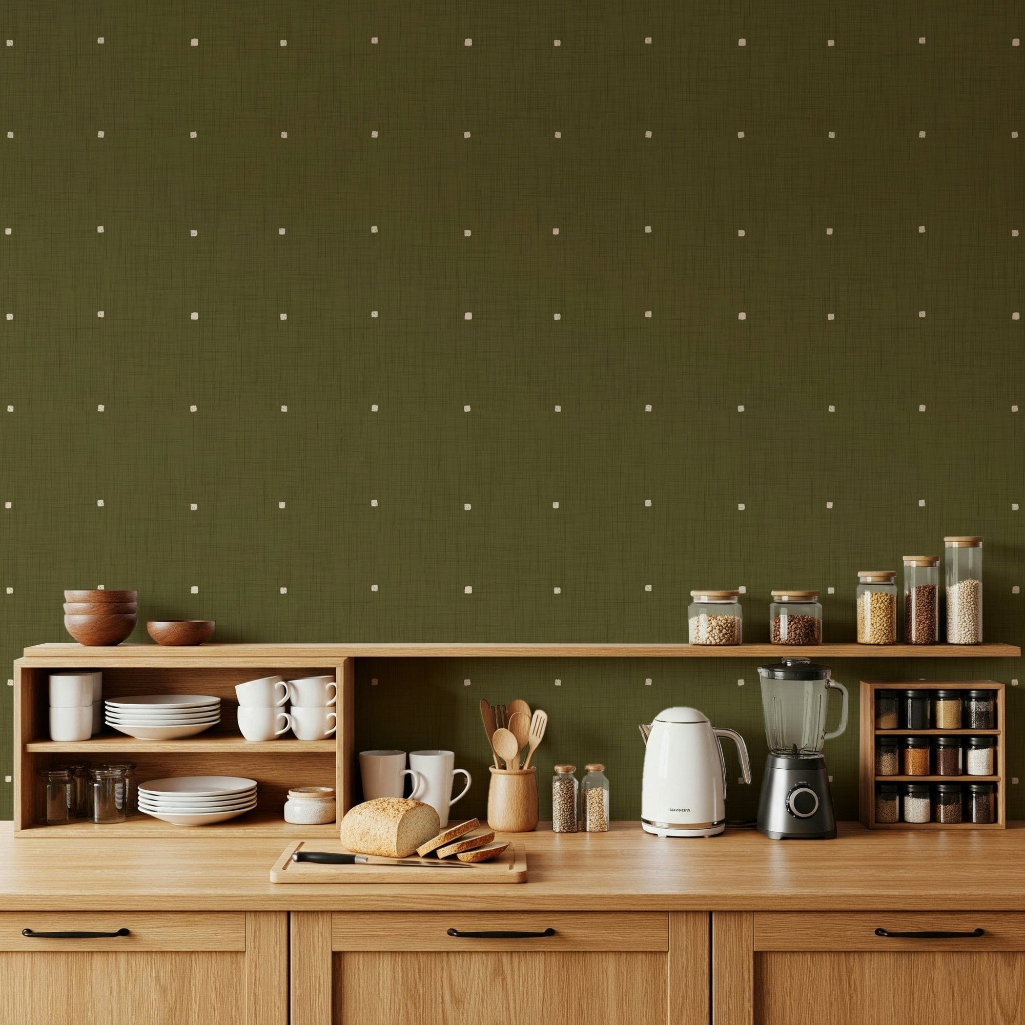Olive Grove Texture wallpaper mural in olive green above light oak kitchen cabinets with dishes, kettle and spice jars